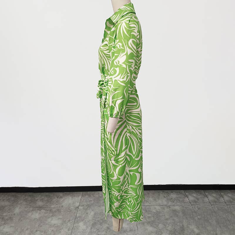 V-neck tie abstract printed long-sleeved dress