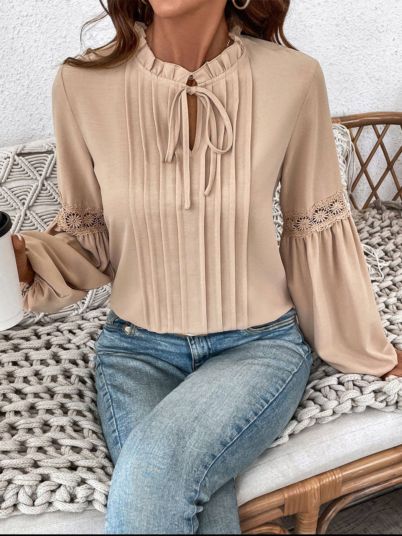 V-NECK SHIRT SOLID COLOR CASUAL LACE-UP SHIRT
