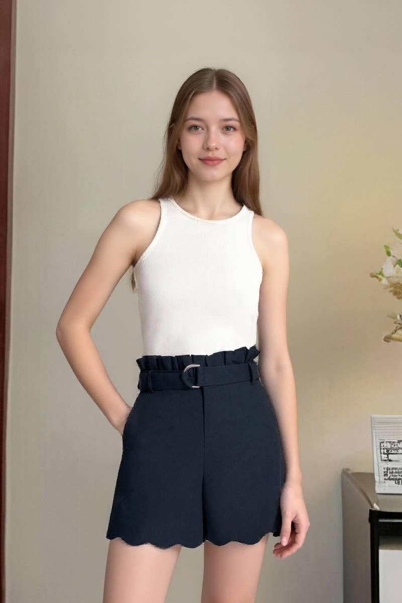 CWBSP0603_SOLID HIGH WAIST BELTED CASUAL SHORTS