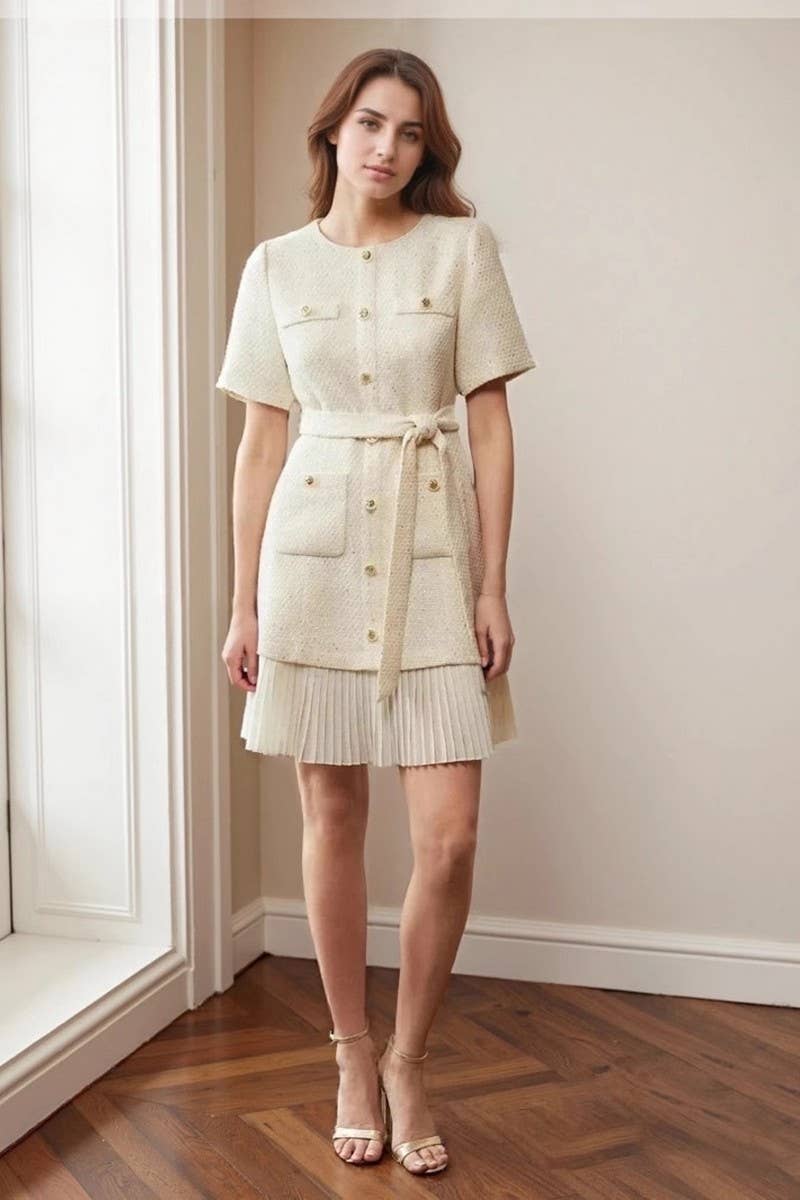 CWDSD8822_CREW NECK TWEED BUTTON TIE PLEATED DRESS