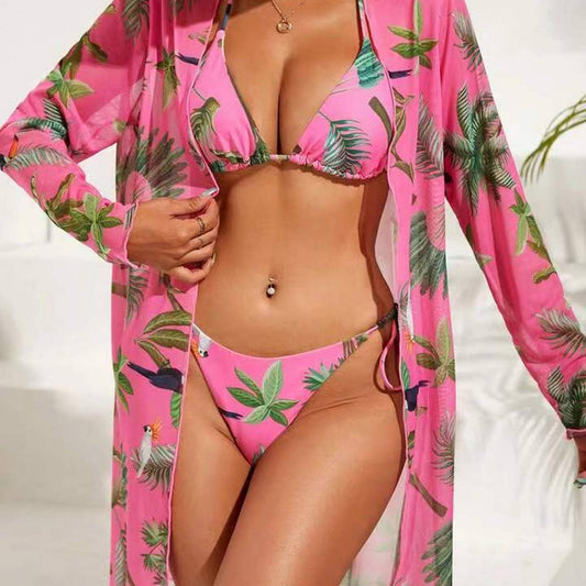 Floral Print Cover-Up Bikini 3Pcs/Set Swimsuit