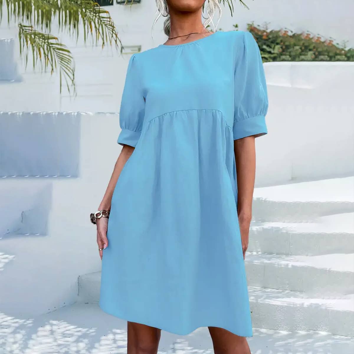 ROUND NECK BUTTON DOWN BUBBLE SLEEVE DRESS_CWDSD2627