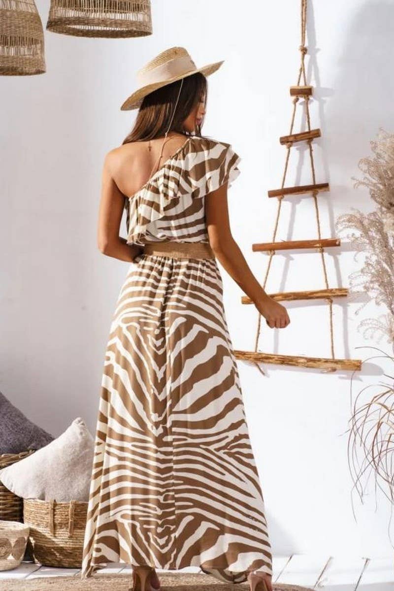 CWDMD4117_OFF-SHOULDER WAIST PRINTED LONG DRESS