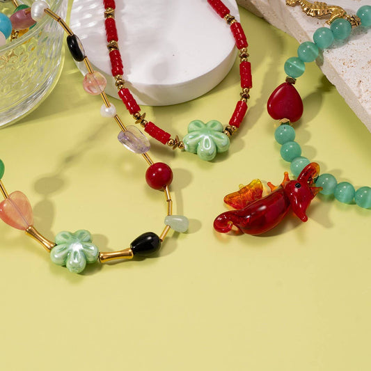 Colorful Gem Seahorse Starfish Pendant Necklace