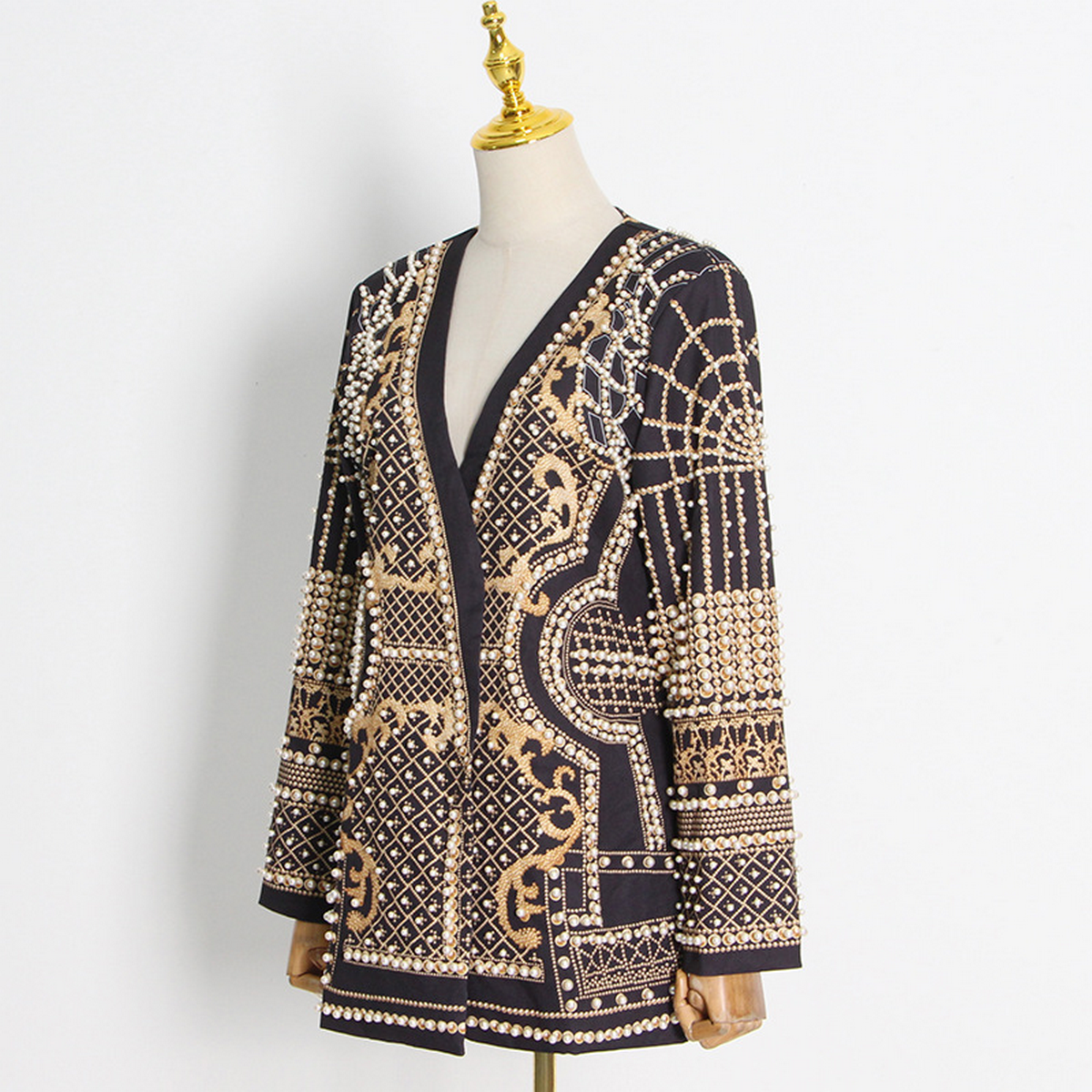 Stylish V-Neck Beaded Print Blazer Jacket_CWOCO1215