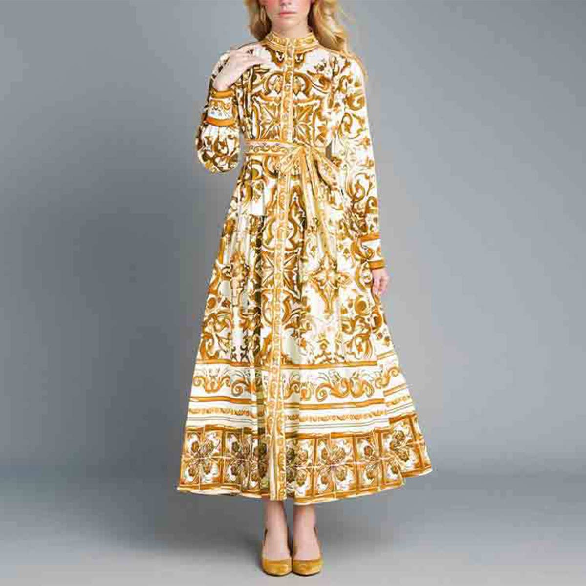 STAND COLLAR SINGLE-BREASTED PRINTED DRESS