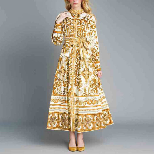 STAND COLLAR SINGLE-BREASTED PRINTED DRESS