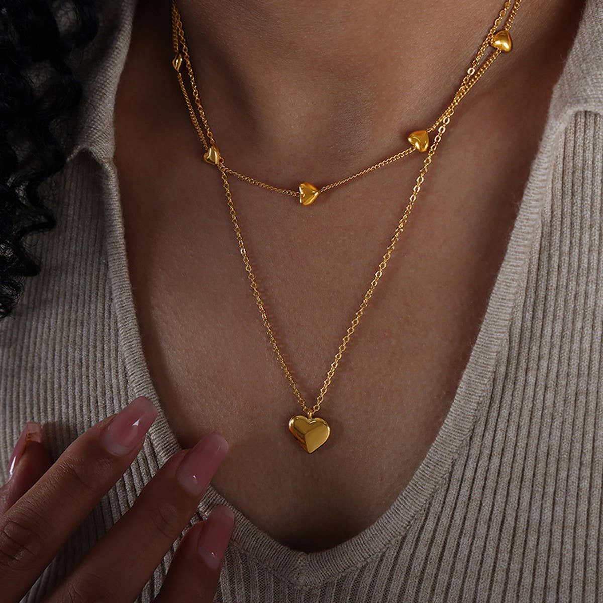 HEART SHAPED DOUBLE LAYER TITANIUM STEEL NECKLACE