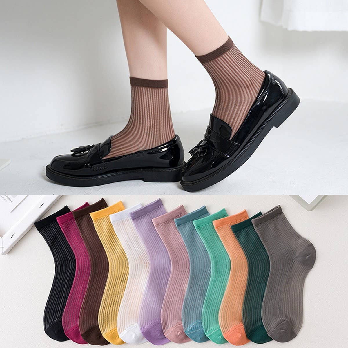STRIPE MESH SOCKS FOR WOMEN MID TUBE TIDE SOCKS_CWMS054