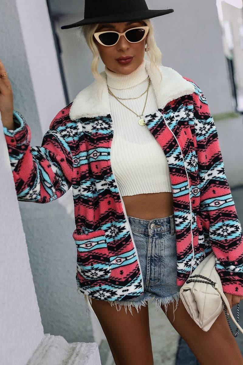 WOMEN ZIPPER GEOMETRIC PRINTED PLUSH JACKET_CWOCO0118