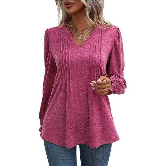 Long sleeve T-shirt with puff sleeves and V-neck