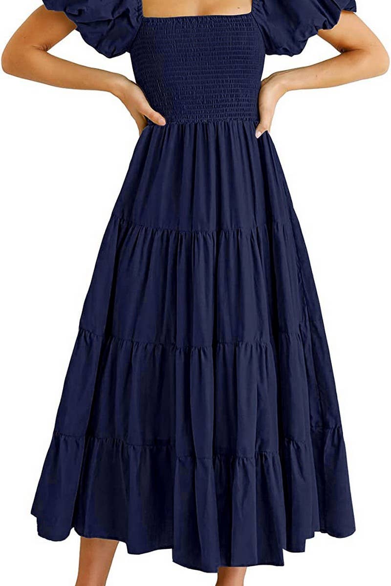 CWDTD0360_SQUARE NECK OFF SHOULDER PUFF SLEEVE DRESS