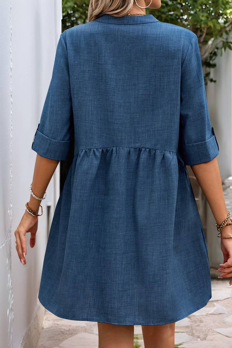 CWDSD6688_MID-LENGTH SLEEVE SOLID COLOR V-NECK DRESS