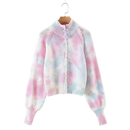 LACE KNITTED GRADIENT TIE DYE ZIPPER CARDIGAN