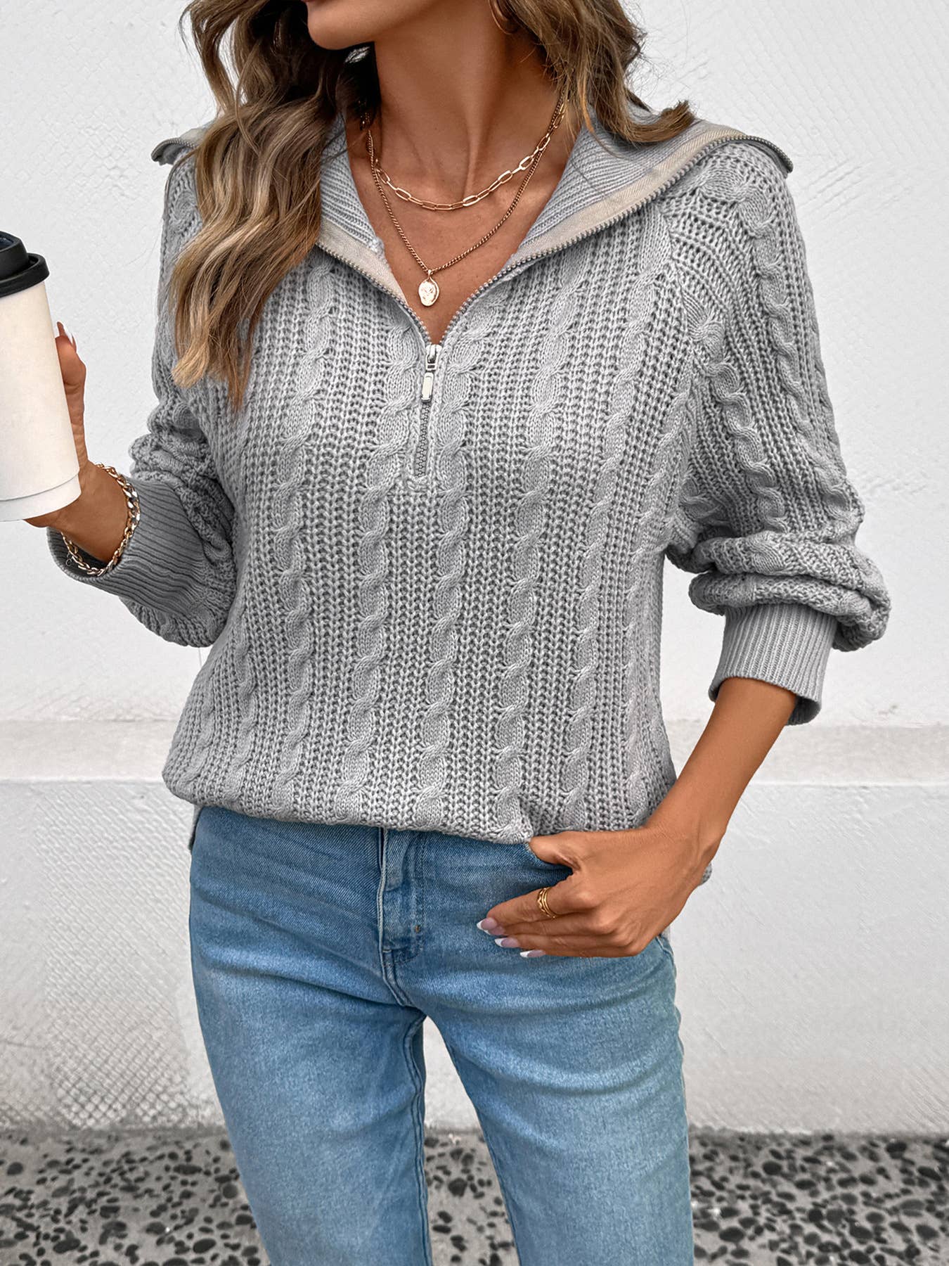 Large lapel twist half zipper with thick sweater