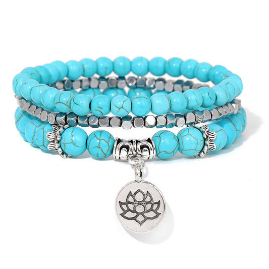 CWAJE4221_NATURAL STONE LOTUS PENDANT THREE-LAYER BRACELET