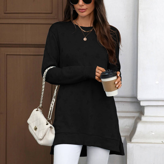 Solid-color round-neck long-sleeved slit T-shirt