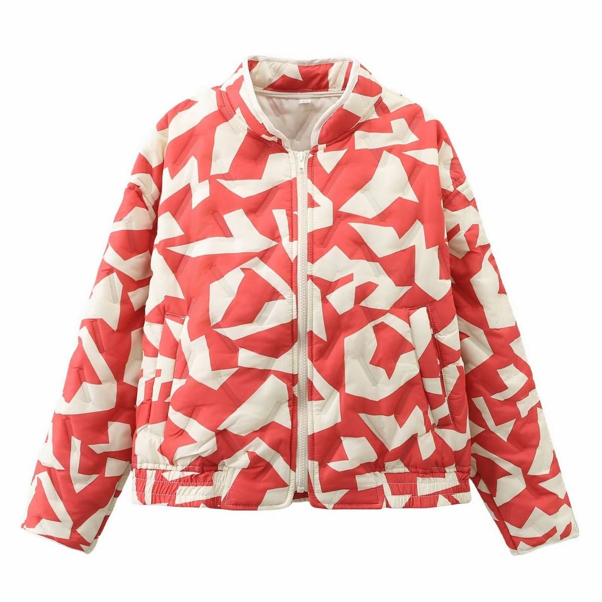 COLORBLOCK PRINT ZIP-UP QUILTED JACKET