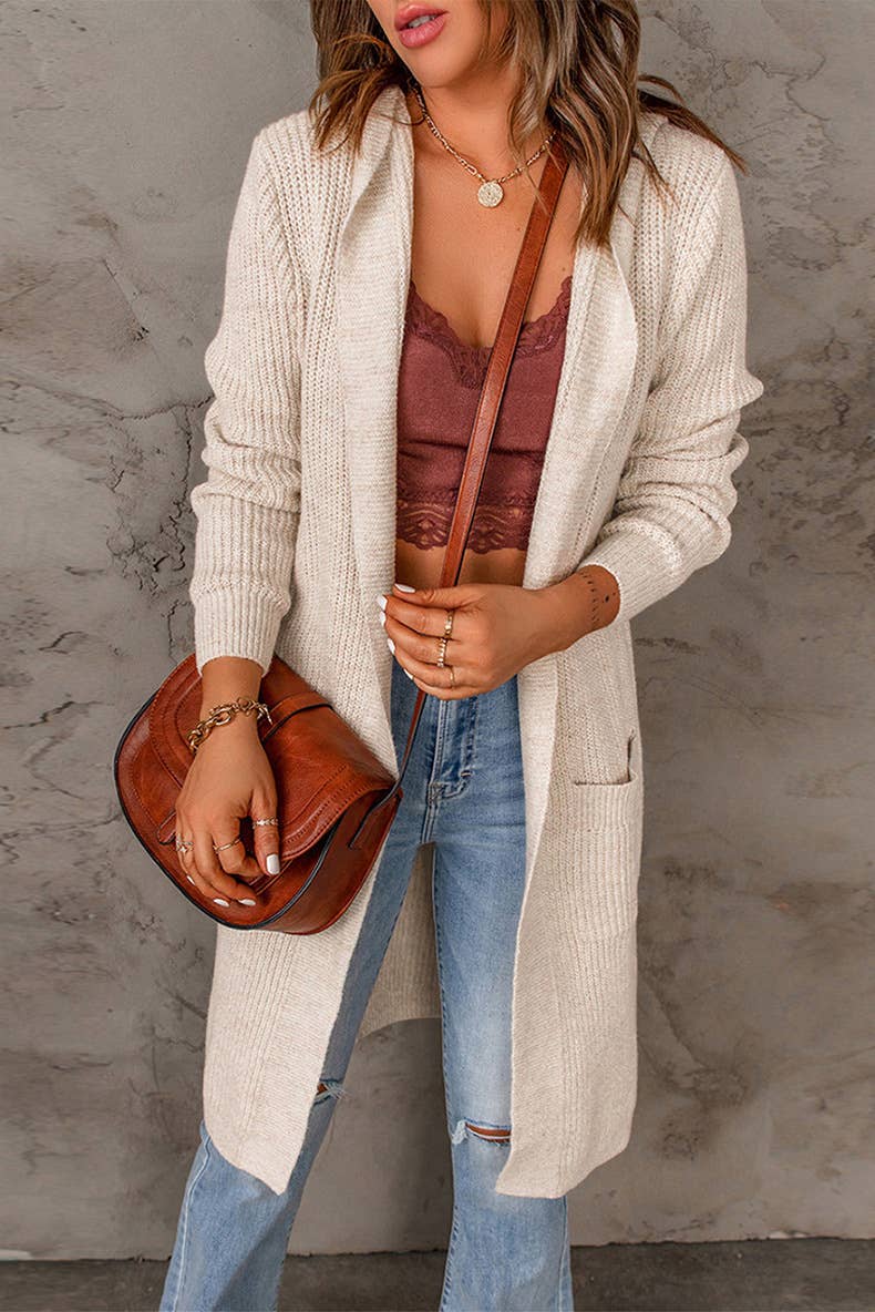 Solid-color hooded long knitted coat