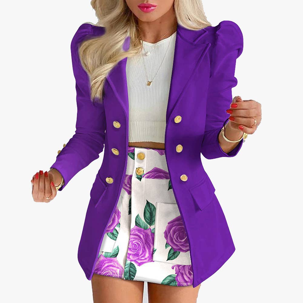 Fashionable printed puffed-sleeve suit jacket
