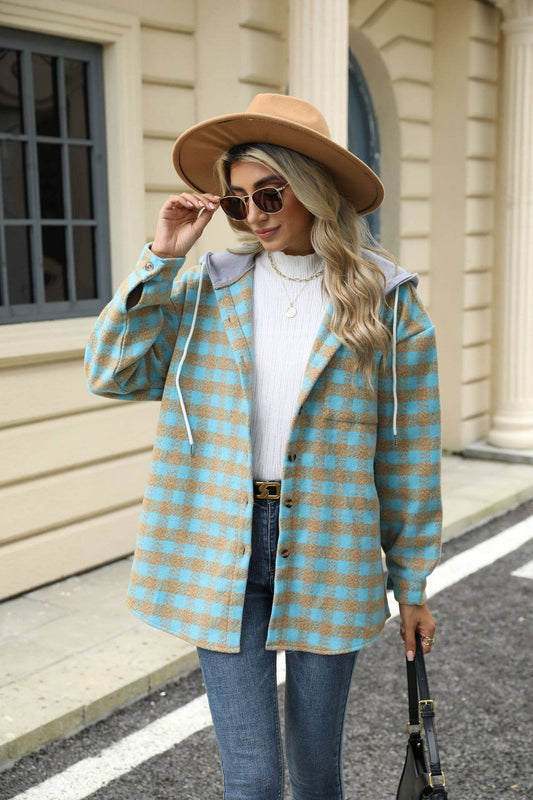 HOOD PLAID PATCHWORK SINGLE BREASTED WOOLEN COAT