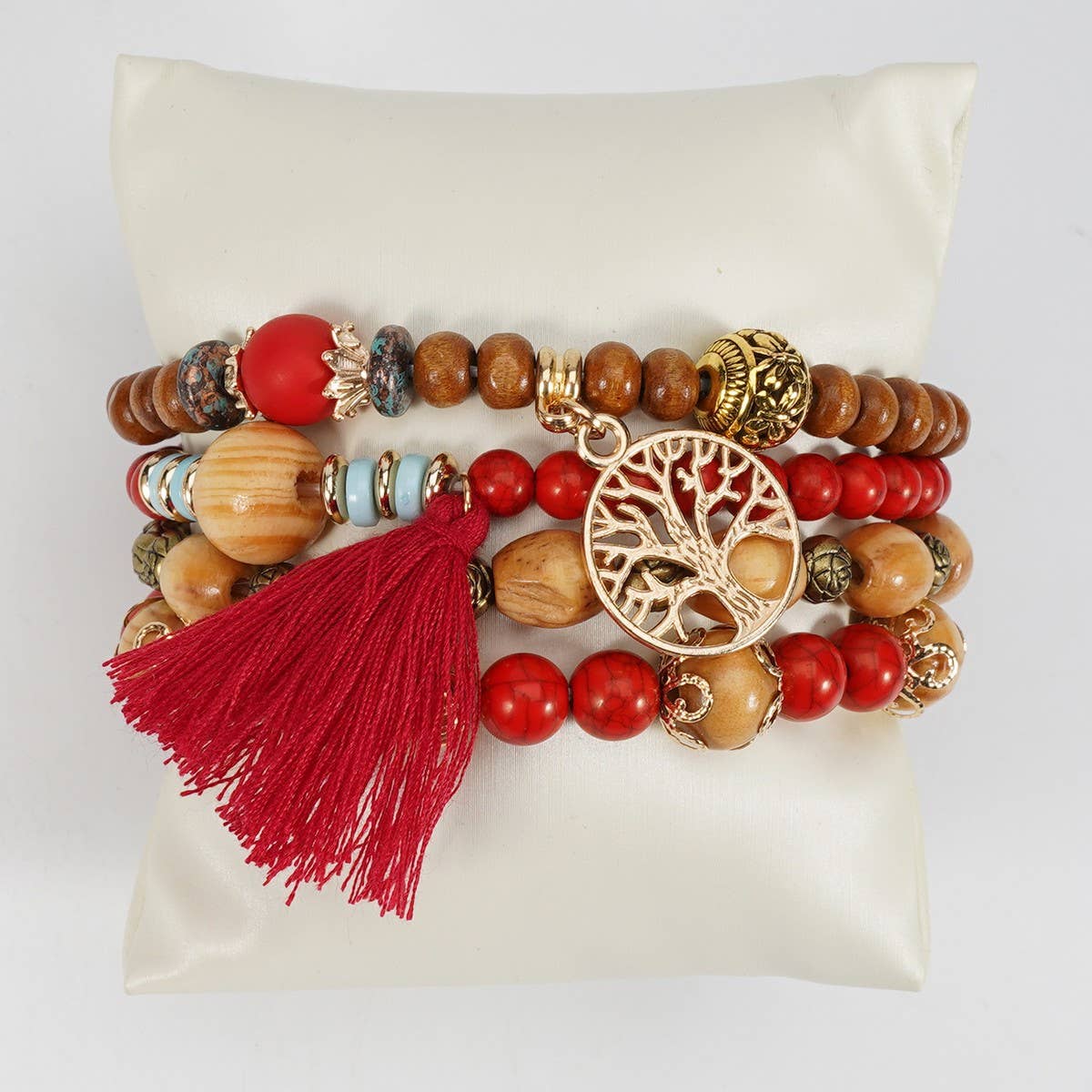 CWMM10462_WOOD BEAD ROSE ALLOY HANDMADE BRACELET SET