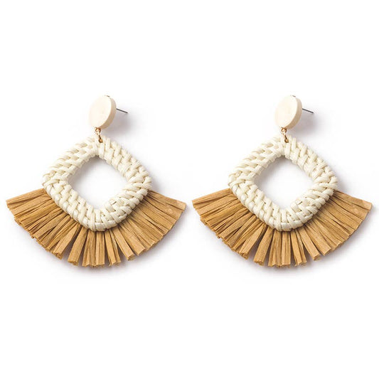 Hand-woven geometric rattan raffia earrings