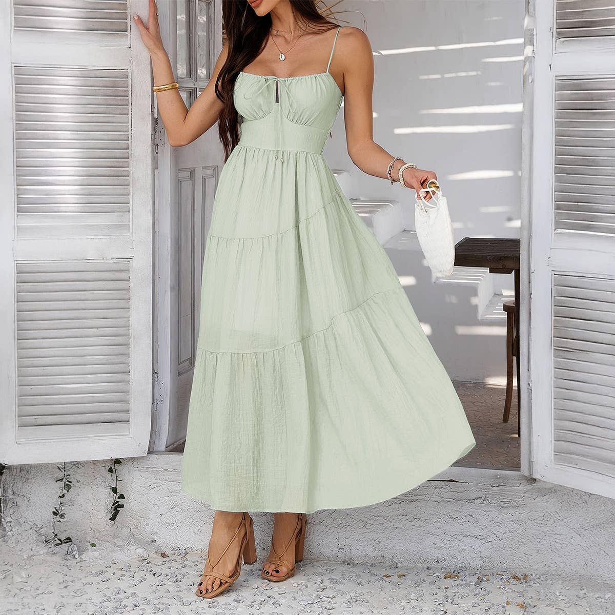 Solid color high-waisted dinner halter dress