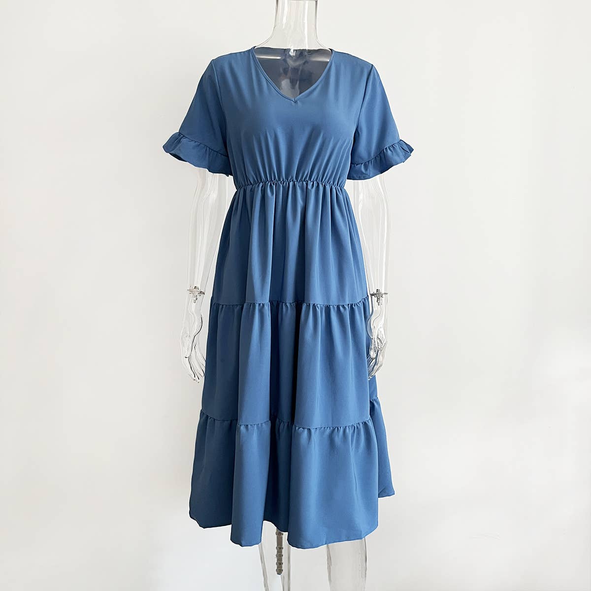 V-NECK TIERED CHIFFON DRESS
