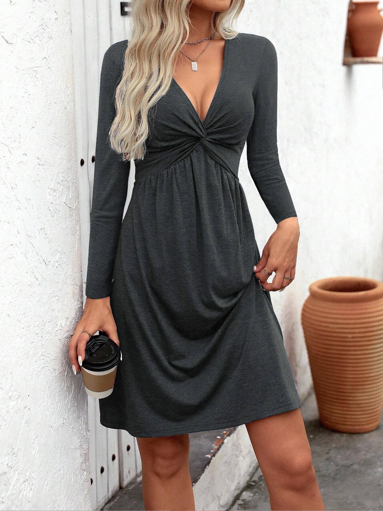 V-NECK TWIST WAIST TEMPERAMENT LONG-SLEEVED DRESS