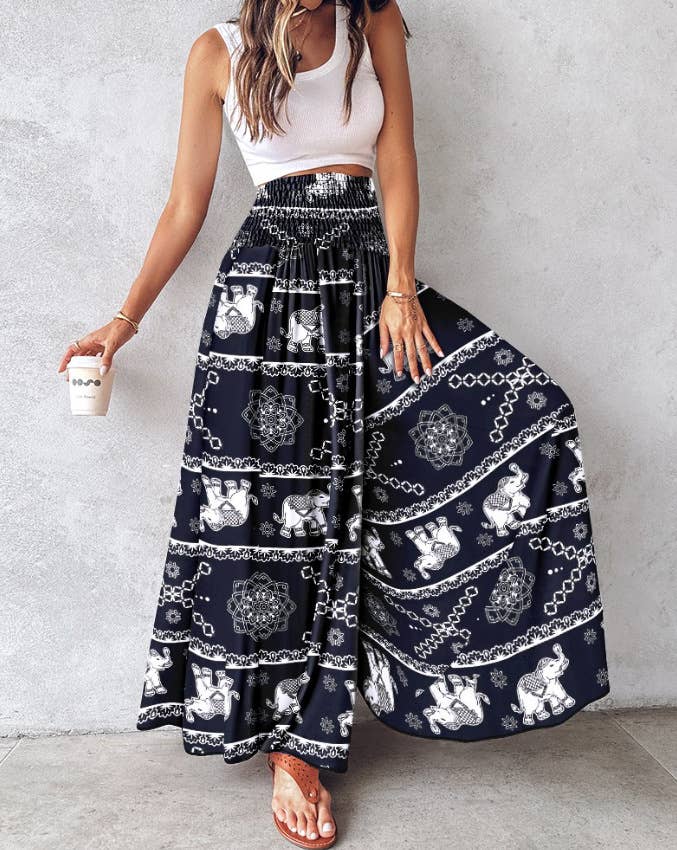 Tropical print retro floral print wide leg pants