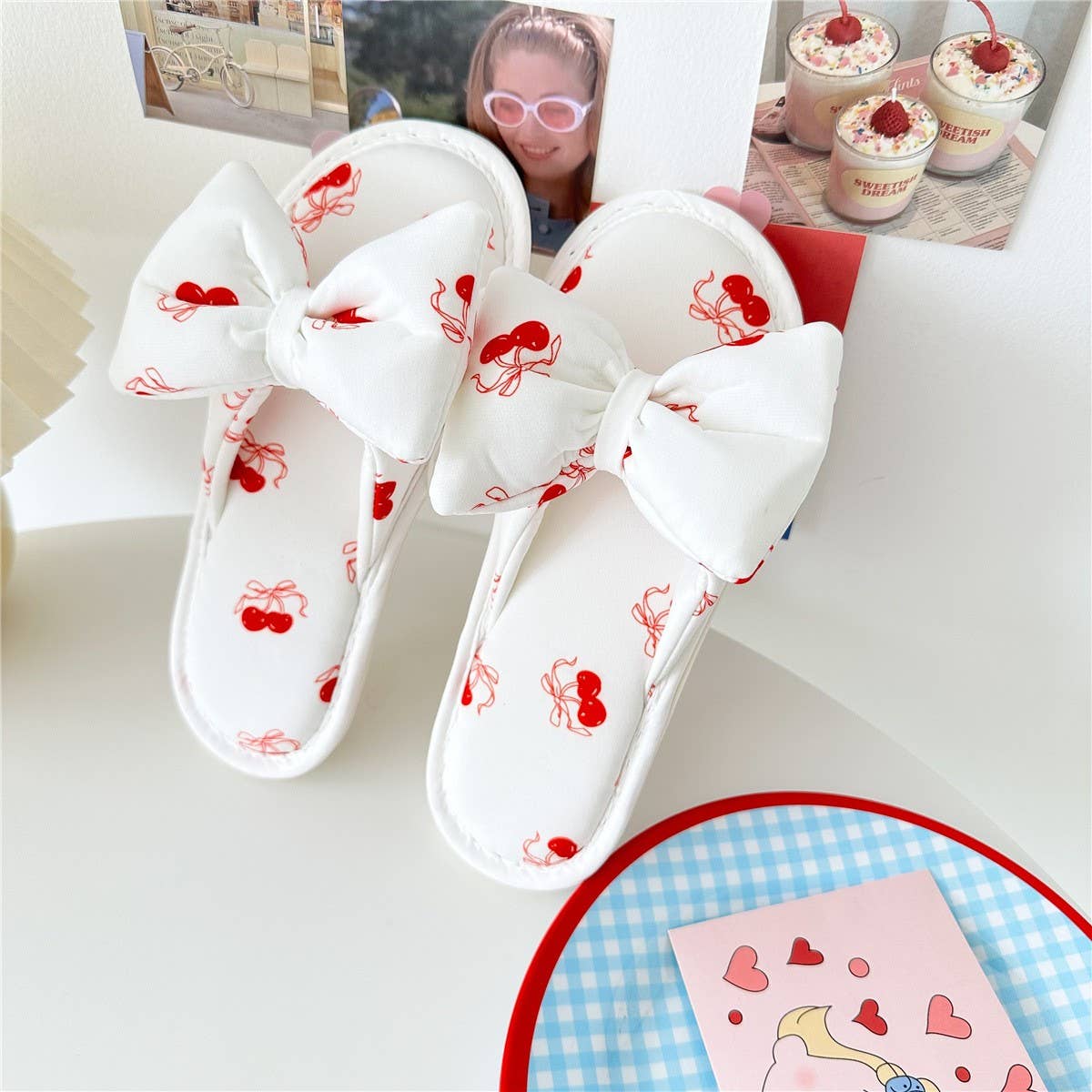 WOMEN'S NEW CHERRY PRINT BOWKNOT HOME SLIPPERS