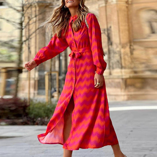 PRINT LACE-UP SPLIT DRESS IN CONTRASTING COLOURS