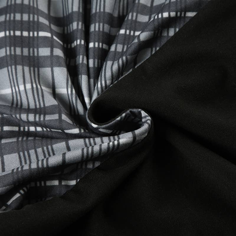 V-neck bow lace-up plaid color patchwork T-shirt