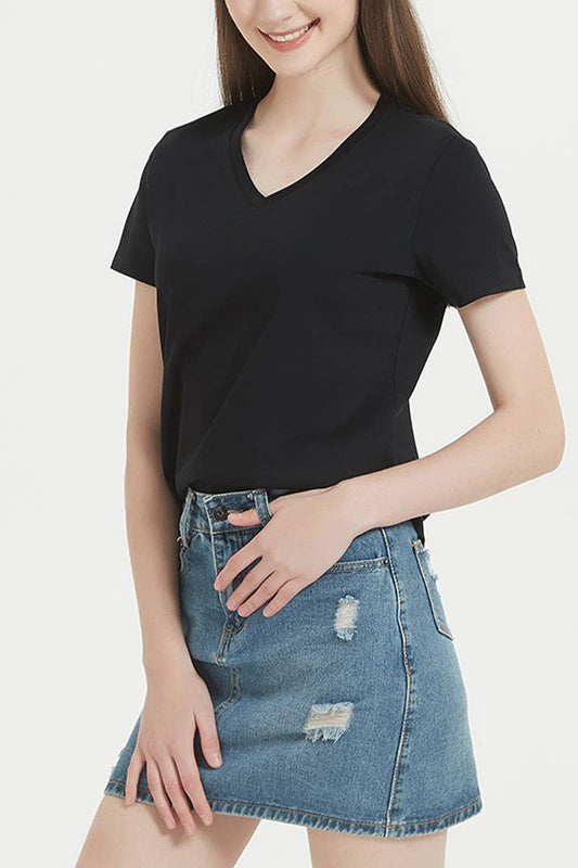 Cwtts1041_V Neck Solid Color Casual Women T Shirt
