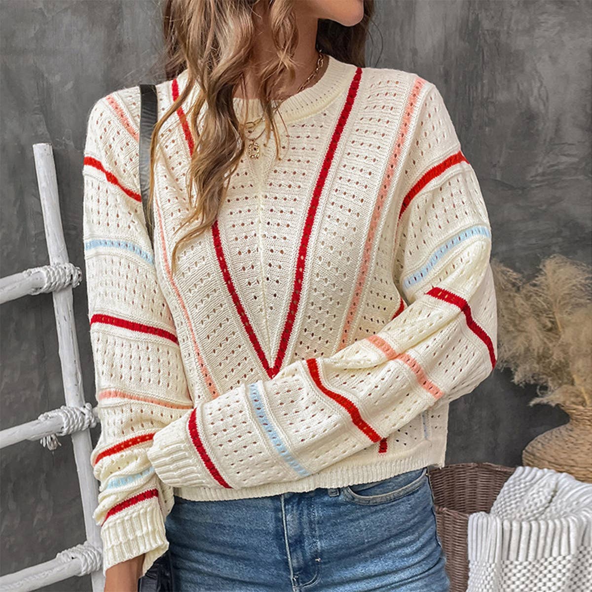 STRIPED SWEATER CREW NECK PULLOVER SWEATER