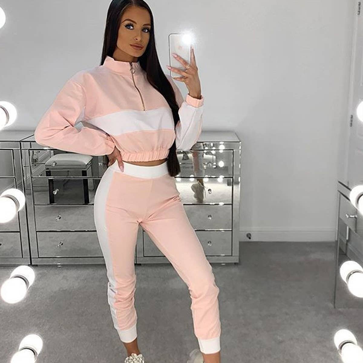 Fashion match color long sleeve trousers suit