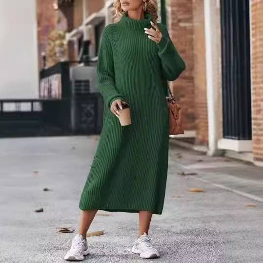 LONG SOLID COLOR FITTING TURTLENECK SWEATER DRESS
