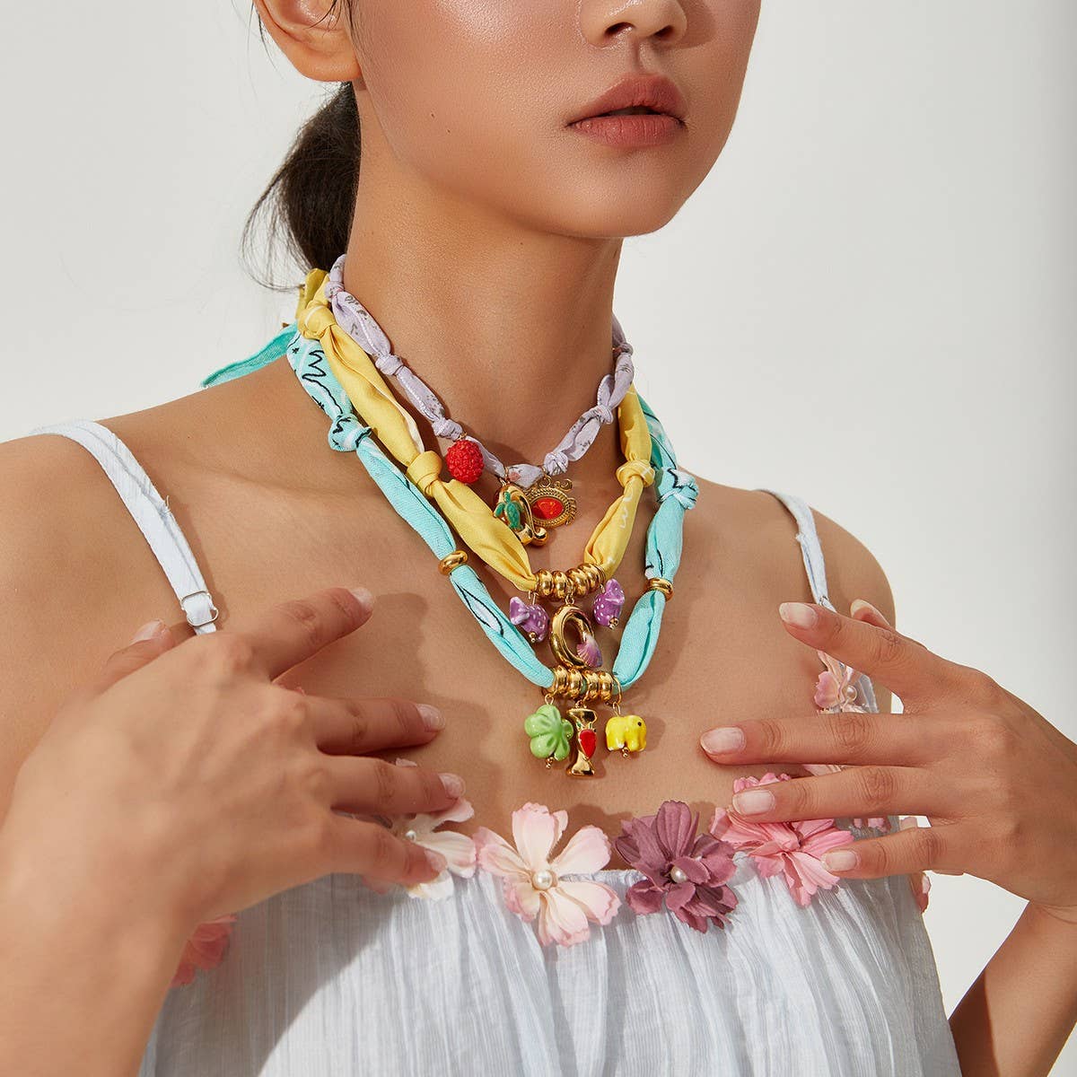 Colorful Scarf Necklace with Fruit Charms