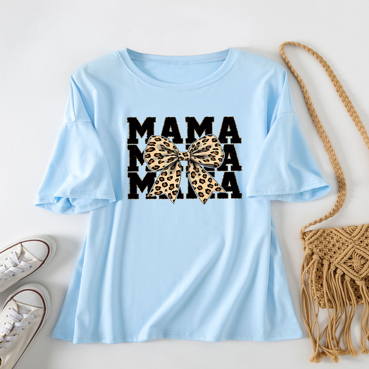 Leopard Bow Print T-Shirt, Loose Fit for Women