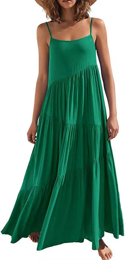 Pleated loose solid-color long beach halter dress