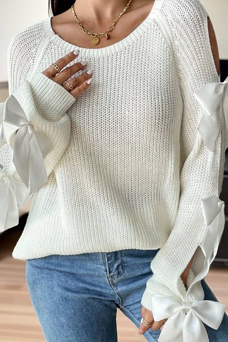 CWOSWL07301_FRENCH STYLE CREWNECK BOW KNIT PULLOVER SWEATER