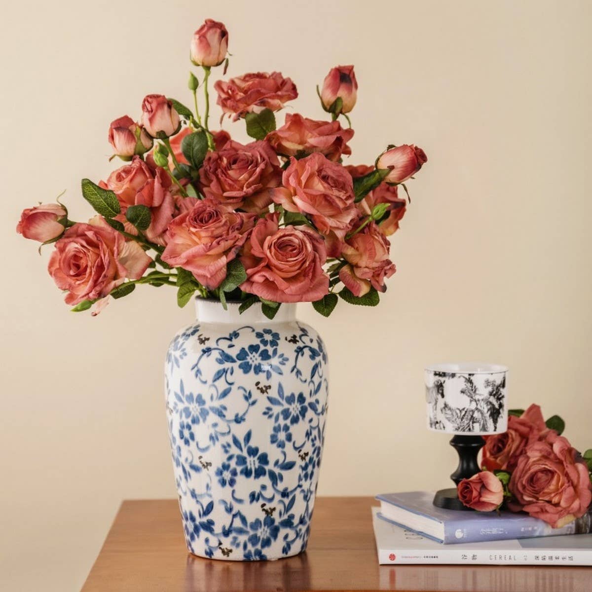 2-Flower 1-Bud Burnt Edge Dried Rose Artificial_CWMM6477