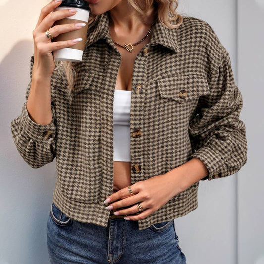 Plaid Cropped Lapel Stylish Casual Jacket