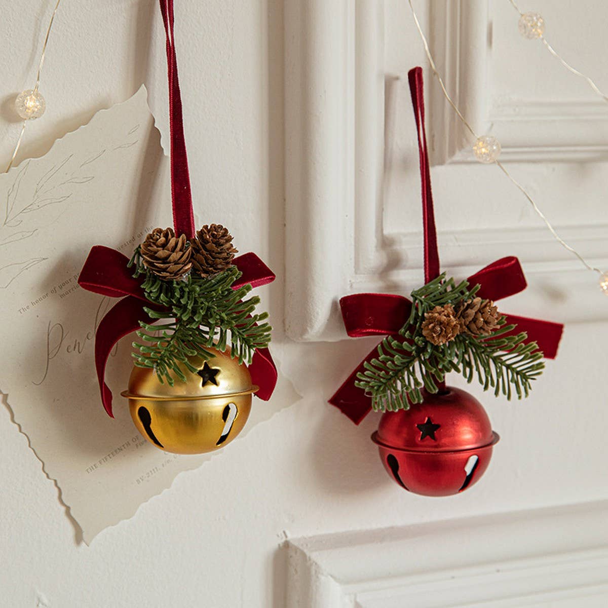 CWMM10369_CHRISTMAS RED VELVET BOW BELL ORNAMENTS DECOR