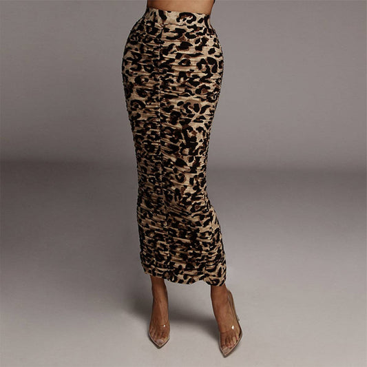 Fashion sexy tight pleated slit leopard skirt