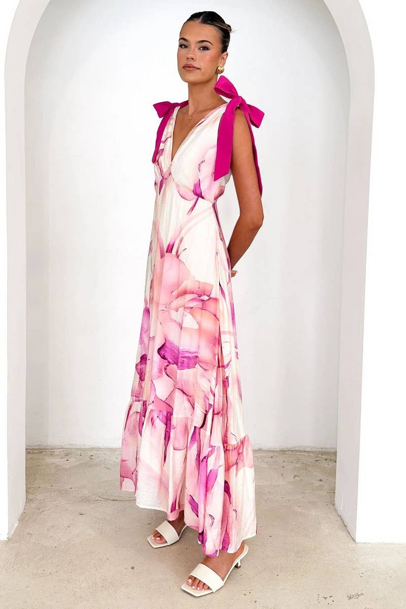 CWDMD5219_TIE-BACK V-NECK SLEEVELESS FLORAL MAXI DRESS