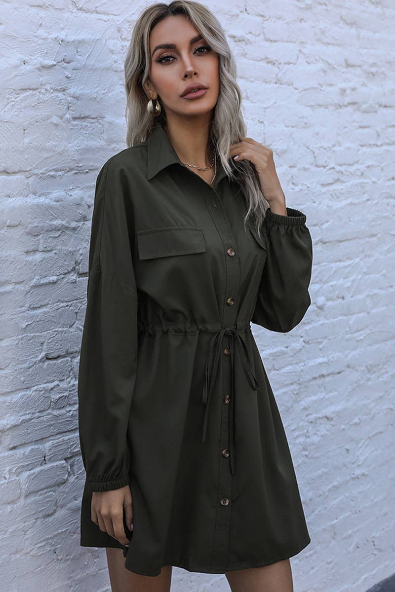 SOLID COLOR FRENCH LAPEL LONG-SLEEVED SHIRT DRESS