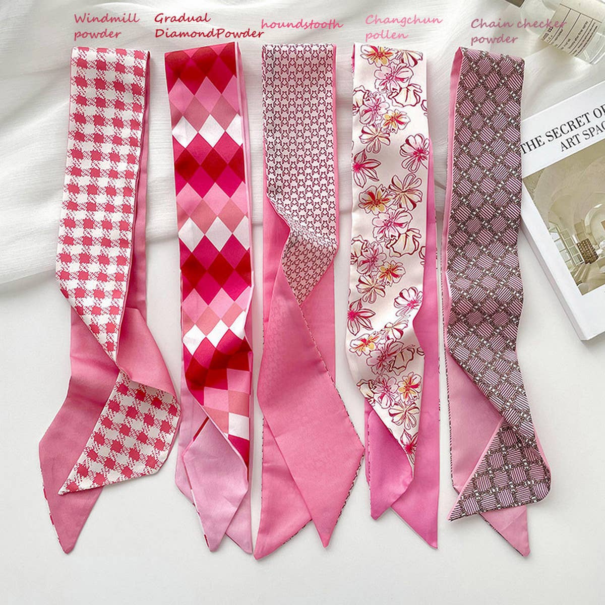 Pink Floral Skinny Scarf ??Hair Tie & Bag Ribbon_CWASC0708