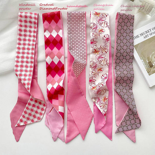 Pink Floral Skinny Scarf ??Hair Tie & Bag Ribbon_CWASC0708